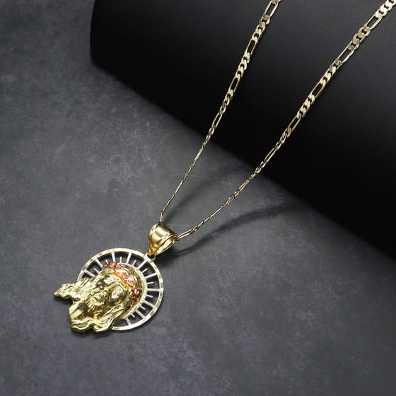Tri Color Diamond Cut Jesus Face Halo Charm Necklace Set 24"