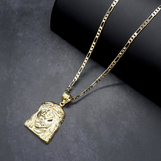 Large Diamond Cut Jesus Face Charm Necklace Set 24"