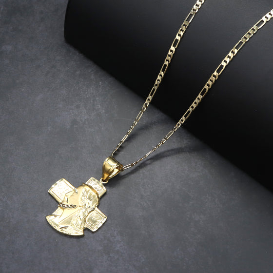 Diamond Cut Cross Jesus Face Charm Necklace Set 24"