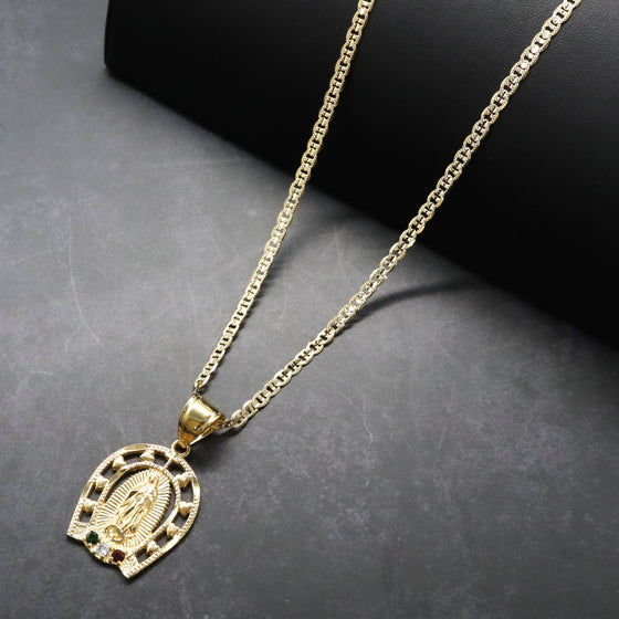 Large Virgin Mary Colored CZ Charm Necklace Set 24"