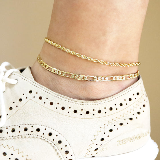 4MM Women's Gold Classic Concave Textured Figaro Chain Anklet Foot Jewelry 10"