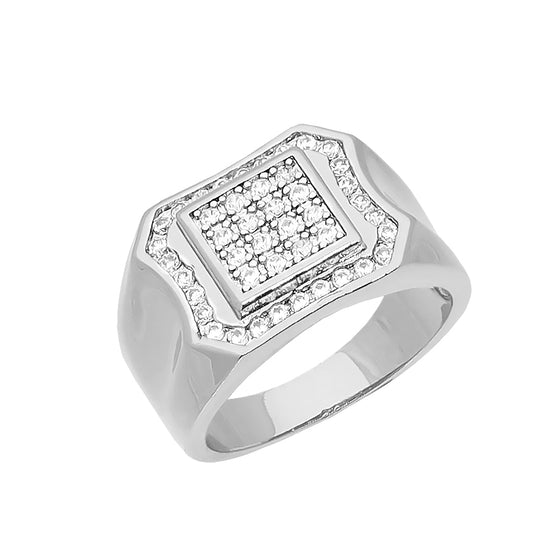Men's CZ Square Cluster Ring in Rhodium Plated Size10-11
