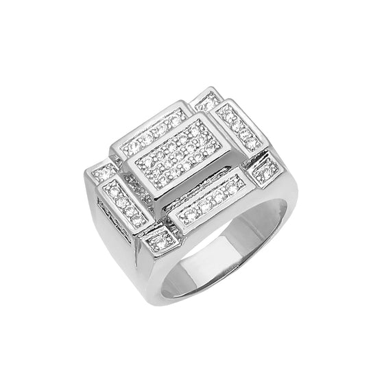 Men's CZ Cluster Hip-Hop Ring in Rhodium Plated Size10-11