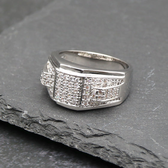 Men's CZ Cluster Ring in Rhodium Plated Size10-11