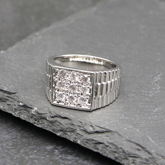 Men's CZ Textured Cluster Ring in Rhodium Plated Size10-11