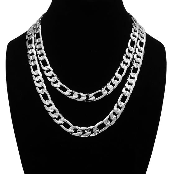12MM Silver Concave Textured Figaro Chain Necklace 20"24"30"36"