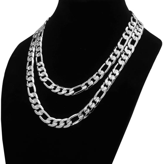 12MM Silver Concave Textured Figaro Chain Necklace 20"24"30"36"