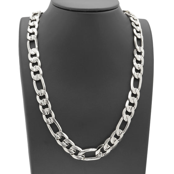 12MM Silver Concave Textured Figaro Chain Necklace 20"24"30"36"