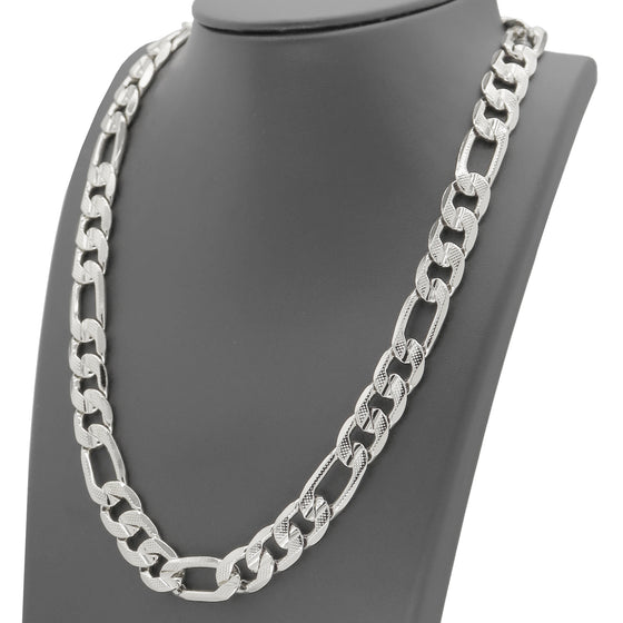 12MM Silver Concave Textured Figaro Chain Necklace 20"24"30"36"