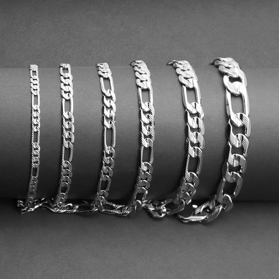 12MM Silver Concave Textured Figaro Chain Necklace 20"24"30"36"