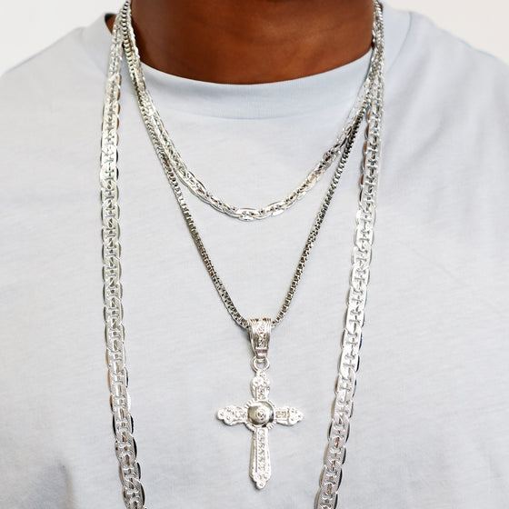 Medium Cross Hip-Hop Pendant in Silver Plated 30"